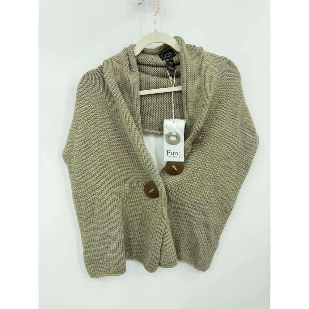 Pure Handknit 3 Button Shrug Wrap Women One Size Tan Cotton Shawl Cardigan